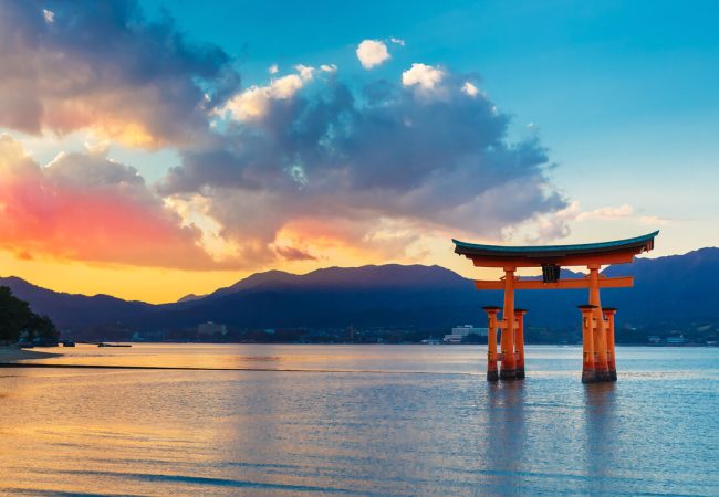 Miyajima, Japan - November 15 2013: Great floating gate (O-Torii) on Miyajima island near Itsukushima shinto shrine
