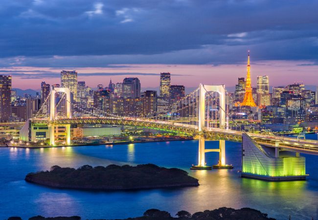 Tokyo Bay, Japan skyline with the bridge and tower at twilight.