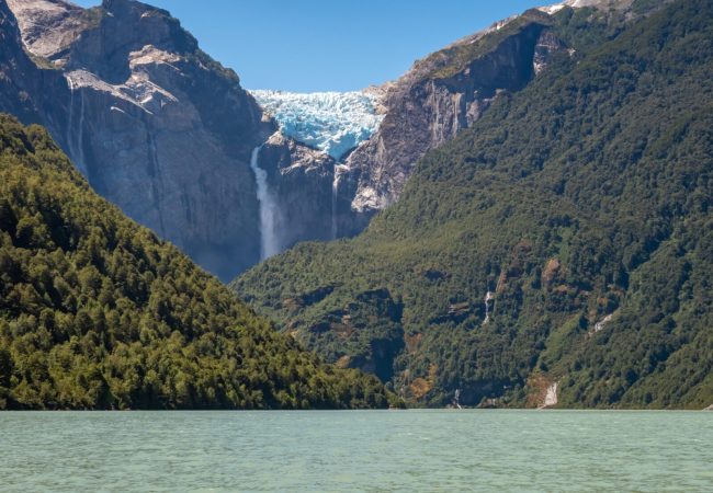 The Hanging Glacier (Ventisquero Colgante) with its stunning waterfall with metlwater falling in a single vertical drop, Queulat National Park, Patagonia, Chile