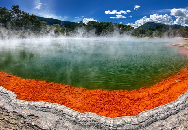 Thermal lake Champagne Pool at Wai-O-Tapu Thermal Wonderland near Rotorua, New Zealand (HDR panorama)